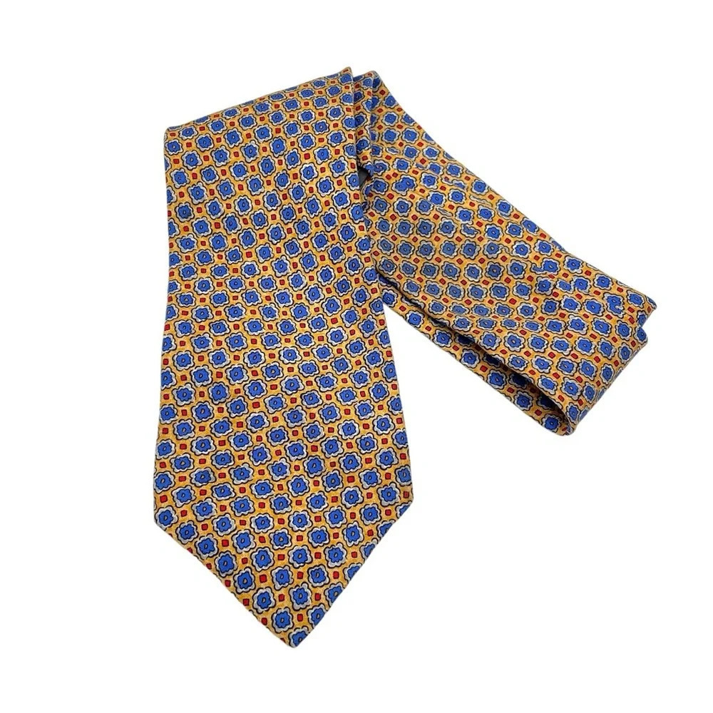 Robert Talbott Hand Sewn Silk Geometric Medallion Floral Necktie Yellow Blue